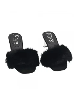 BLACK CLOGS WITH FUR AND TRANSPARENT HEEL