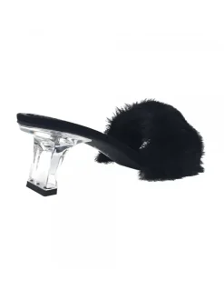 BLACK CLOGS WITH FUR AND TRANSPARENT HEEL