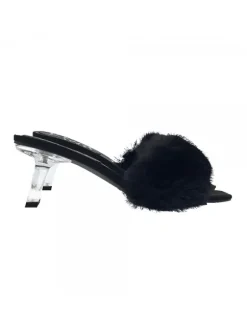 BLACK CLOGS WITH FUR AND TRANSPARENT HEEL