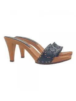 Black clogs with lasered leather upper and 9cm heel