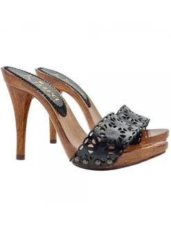 Black clogs with lasered leather band and heel 12