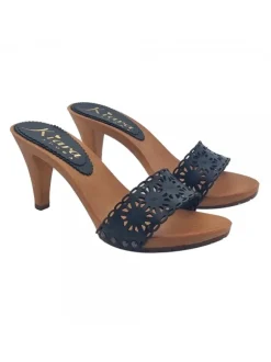 Black clogs with lasered leather upper and 9cm heel