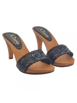 Black clogs with lasered leather upper and 9cm heel