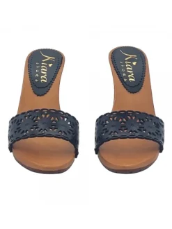 Black clogs with lasered leather upper and 9cm heel