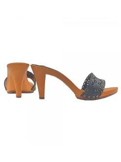 Black clogs with lasered leather upper and 9cm heel