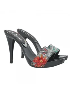 BLACK LACQUERED CLOGS UPPER FLORAL DECOR HEEL 12