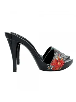 BLACK LACQUERED CLOGS UPPER FLORAL DECOR HEEL 12
