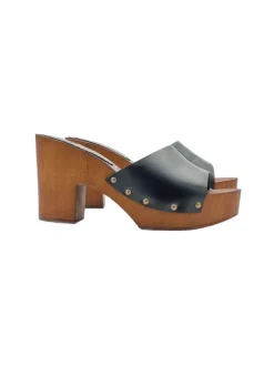 Black leather clogs with brown base and 9 cm heel
