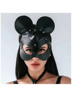 BLACK LEATHER MASK WITH REMOVABLE EARS