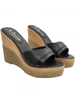 BLACK LEATHER WEDGE SANDALS WITH HEEL 11