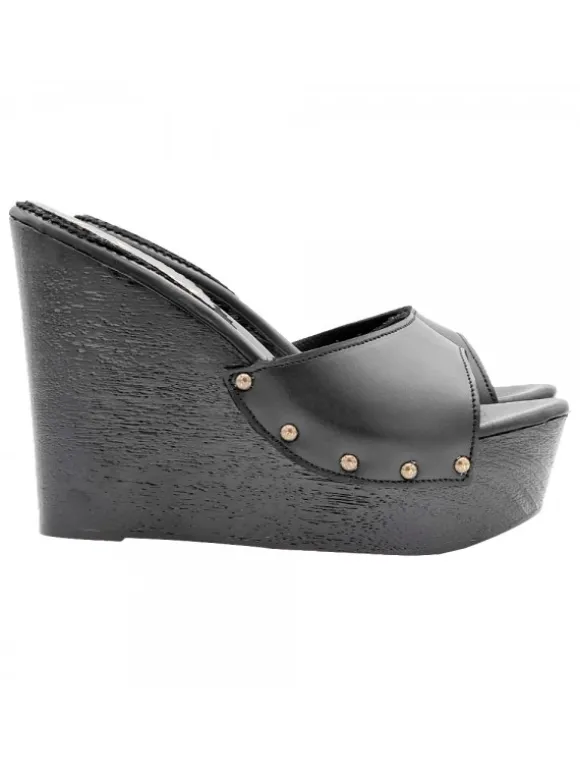 BLACK LEATHER WEDGE SANDALS WITH HEEL 13