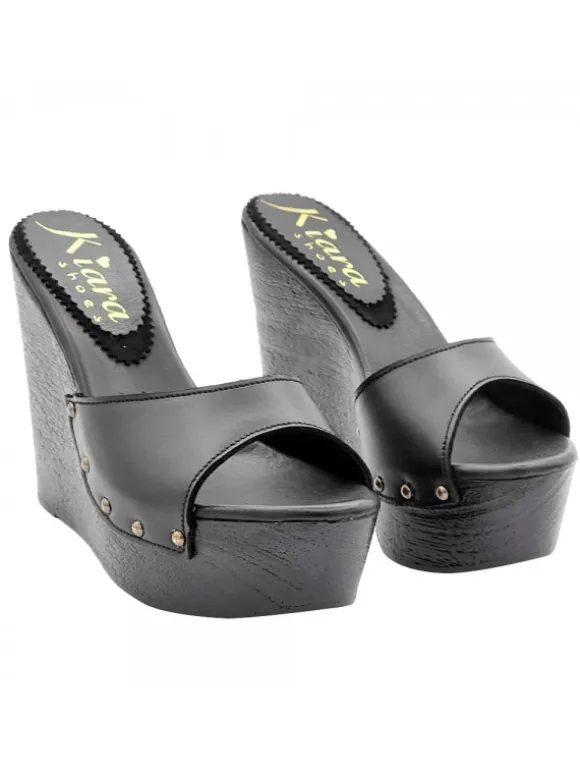 BLACK LEATHER WEDGE SANDALS WITH HEEL 13