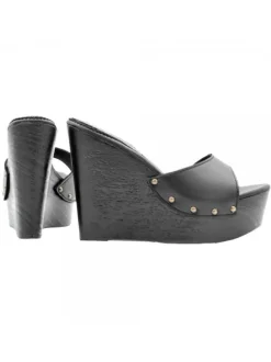 BLACK LEATHER WEDGE SANDALS WITH HEEL 13