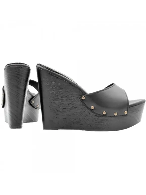BLACK LEATHER WEDGE SANDALS WITH HEEL 13