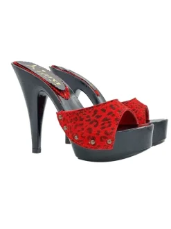 BLACK MULES WITH RED LEOPARD SUEDE BAND