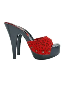 BLACK MULES WITH RED LEOPARD SUEDE BAND