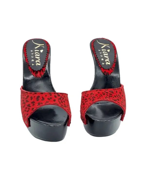 BLACK MULES WITH RED LEOPARD SUEDE BAND