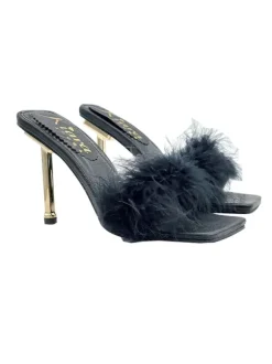 BLACK SANDAL WITH FUR AND METALLIC HEEL
