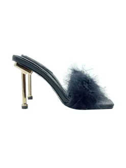 BLACK SANDAL WITH FUR AND METALLIC HEEL