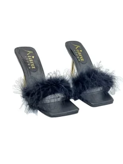 BLACK SANDAL WITH FUR AND METALLIC HEEL