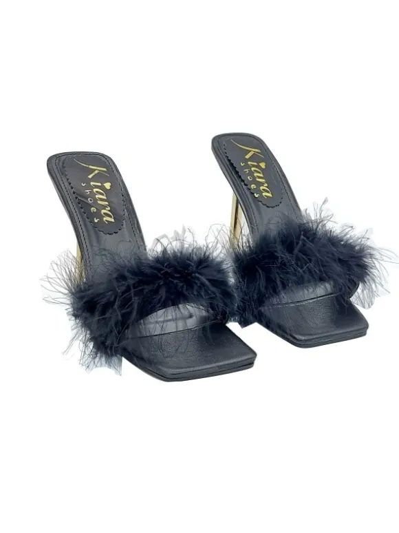 BLACK SANDAL WITH FUR AND METALLIC HEEL