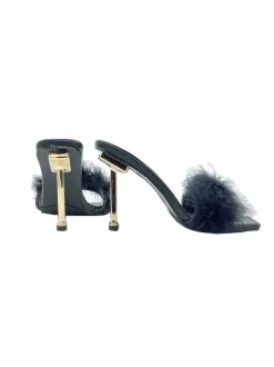 BLACK SANDAL WITH FUR AND METALLIC HEEL
