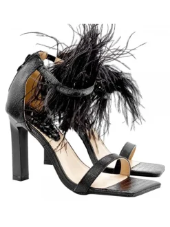 BLACK SANDALS WITH FEATHERS AND 10.5 CM HEEL