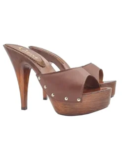 BROWN LEATHER CLOGS WITH HIGH HEEL