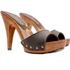 BROWN LEATHER MULES WITH HIGH HEELS