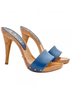 CLOGS IN BLUE LEATHER WITH STILETTO HEEL
