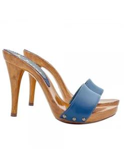 CLOGS IN BLUE LEATHER WITH STILETTO HEEL