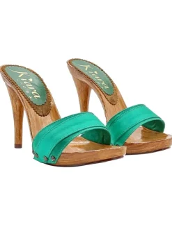 CLOGS IN GREEN SATIN WITH HIGH HEELS