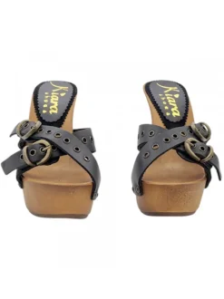 CLOGS WITH 13 CM HEEL AND CROSSED BANDS IN BLACK LEATHER