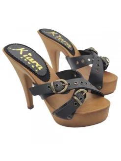 CLOGS WITH 13 CM HEEL AND CROSSED BANDS IN BLACK LEATHER