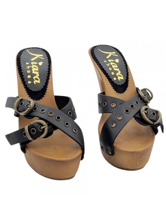 CLOGS WITH 13 CM HEEL AND CROSSED BANDS IN BLACK LEATHER