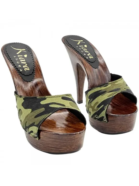 CLOGS WITH BAND IN CAMOUFLAGE FABRIC AND HIGH HEEL