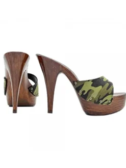 CLOGS WITH BAND IN CAMOUFLAGE FABRIC AND HIGH HEEL