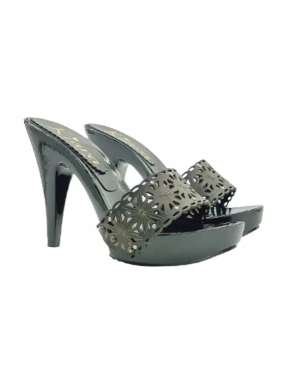 Clogs with 11cm heel and black laser-cut upper