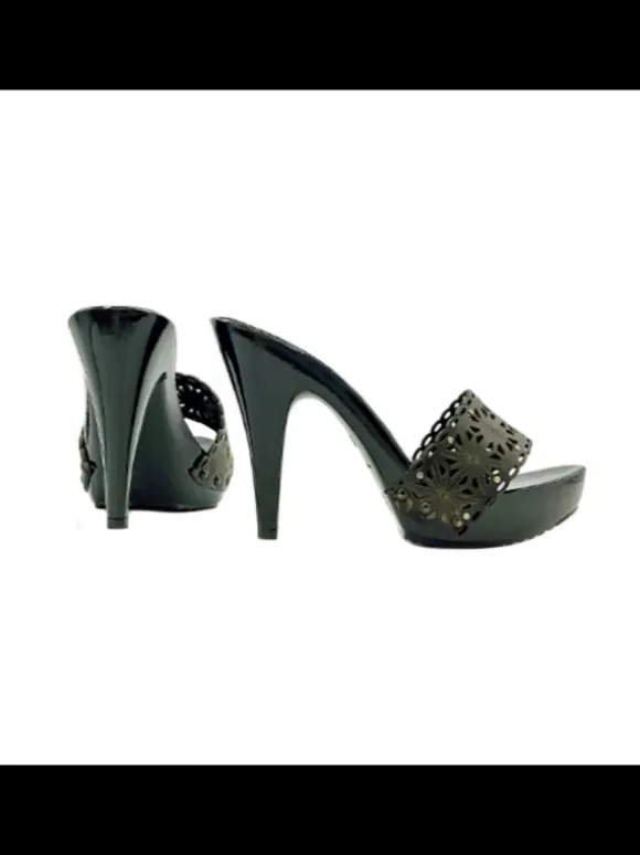 Clogs with 11cm heel and black laser-cut upper