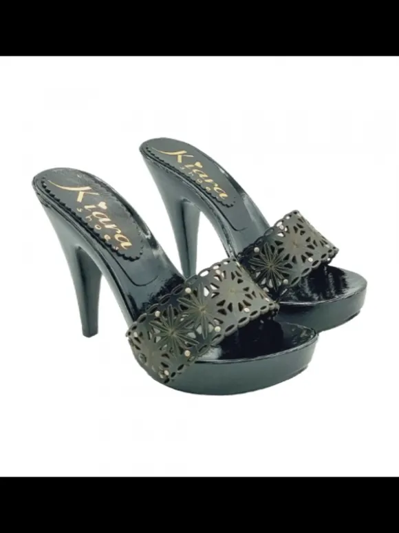 Clogs with 11cm heel and black laser-cut upper