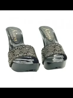 Clogs with 11cm heel and black laser-cut upper