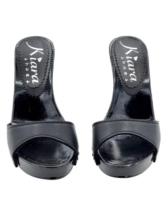 Clogs with 11cm heel and black leather upper