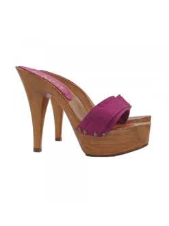 CLOGS WITH PURPLE SATIN BAND AND STILETTO HEEL