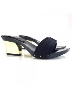 Comfortable Black Clogs With Gold Heel - K28501