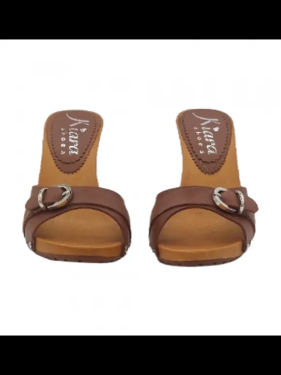 COMFORTABLE BROWN CLOGS WITH SILVER BUCKLE