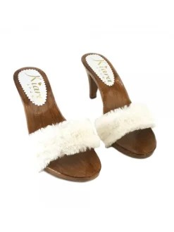 CONFORTABLE FUR HEEL CLOGS WOMAN WHITE