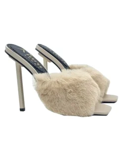 ELEGANT BEIGE SANDALS WITH SYNTHETIC FUR