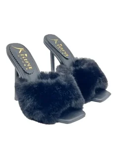 ELEGANT BLACK SANDALS WITH SYNTHETIC FUR