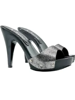 ELEGANT SILVER LAMINATED CLOGS WITH STILETTO HEEL