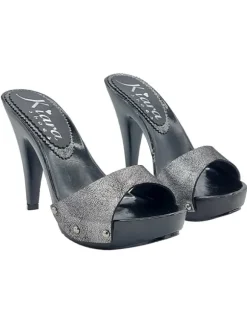 ELEGANT SILVER LAMINATED CLOGS WITH STILETTO HEEL